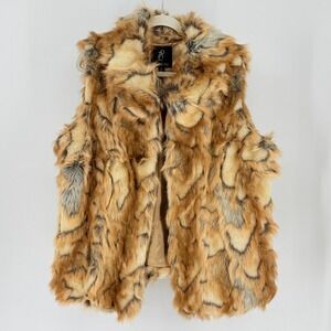 Rachel Zoe Faux Fur Vest Womens 1X Brown Tan Animal Print Open Front